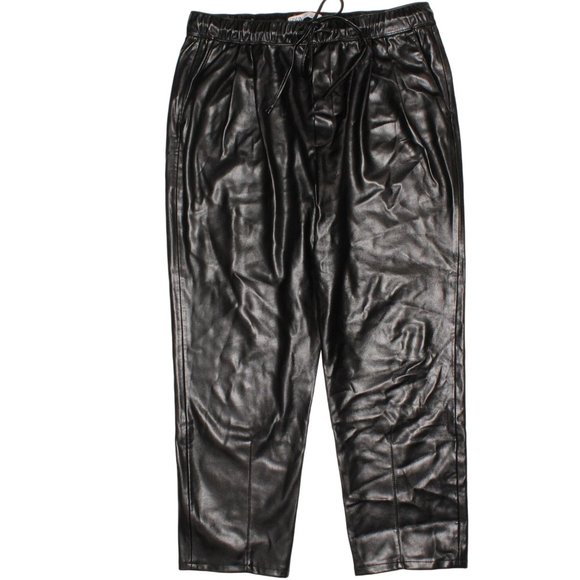 Zara Large Vegan Faux Leather Stretch Tie Waist Straight Leg Ankle Crop Pants - Picture 1 of 7